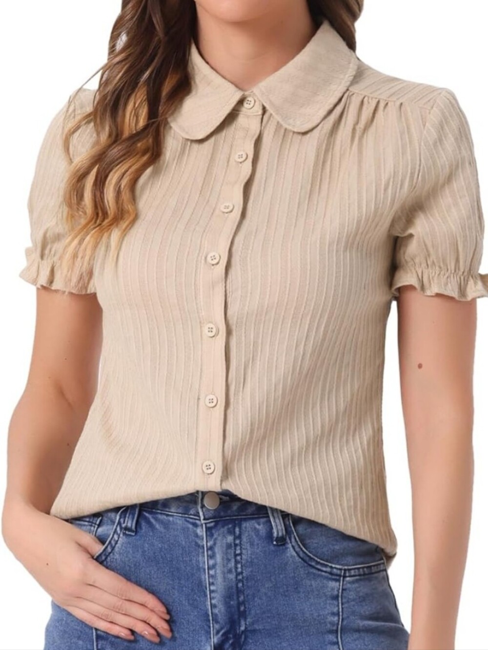 Allegra K Neutral Beige Short-Sleeve Button Front Shirt